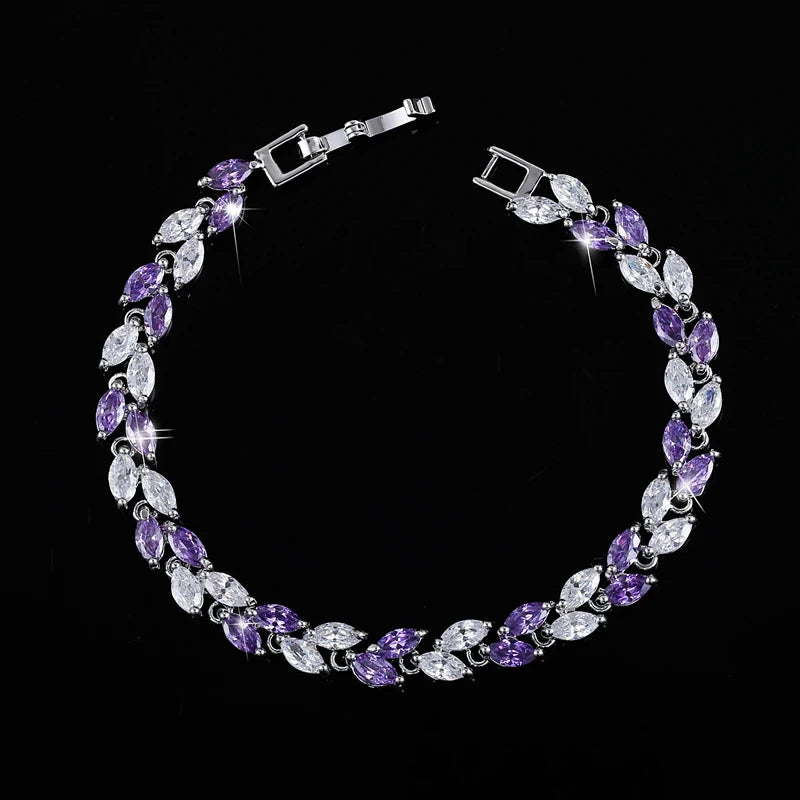 New Trendy Brilliant Cubic Zircon Inlaid Jewelry Silver Color Leaf Charm CZ Crystal Female Chain Link Bracelet Bangles for Women-11