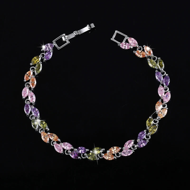 New Trendy Brilliant Cubic Zircon Inlaid Jewelry Silver Color Leaf Charm CZ Crystal Female Chain Link Bracelet Bangles for Women-7