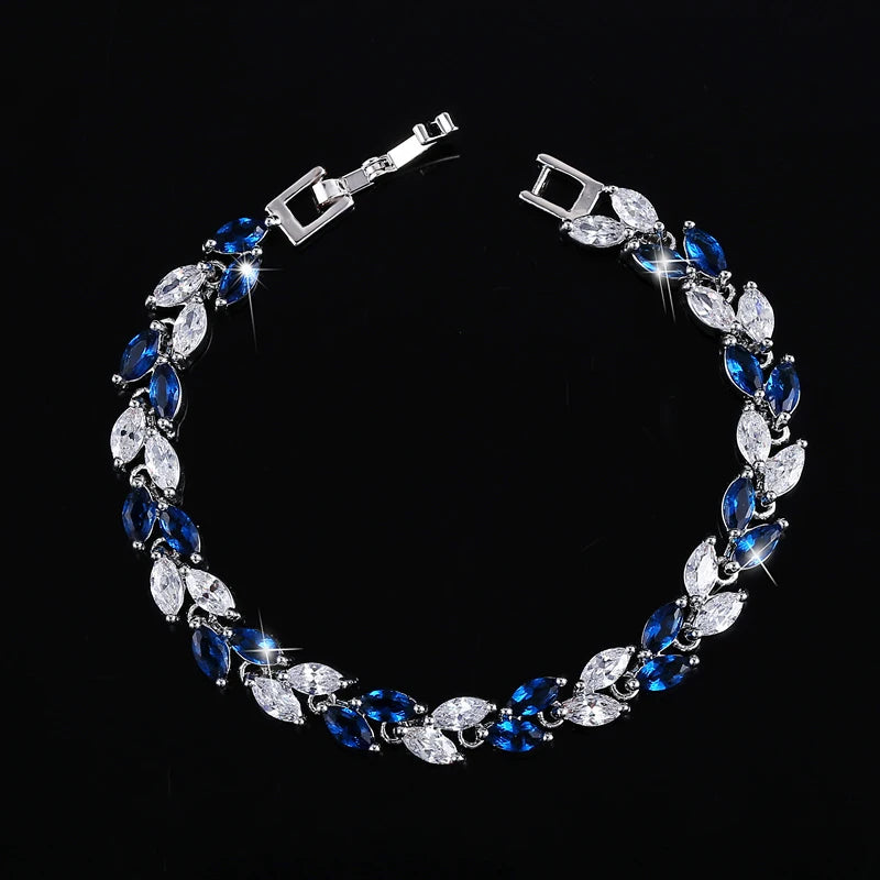New Trendy Brilliant Cubic Zircon Inlaid Jewelry Silver Color Leaf Charm CZ Crystal Female Chain Link Bracelet Bangles for Women-6