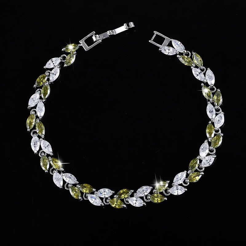 New Trendy Brilliant Cubic Zircon Inlaid Jewelry Silver Color Leaf Charm CZ Crystal Female Chain Link Bracelet Bangles for Women-8