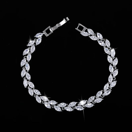 New Trendy Brilliant Cubic Zircon Inlaid Jewelry Silver Color Leaf Charm CZ Crystal Female Chain Link Bracelet Bangles for Women-0