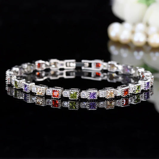 Shiny White Gold Plated Square Cubic Zirconia Crystal Multi Color CZ Tennis Bracelets Bangle Jewelry Gift with a Safety Clasp-3